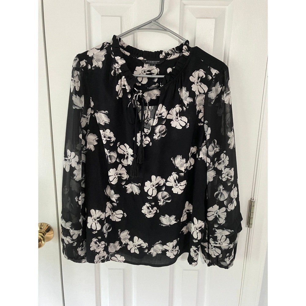 Liverpool LA Black White Floral Shirred Woven Popover Blouse size small